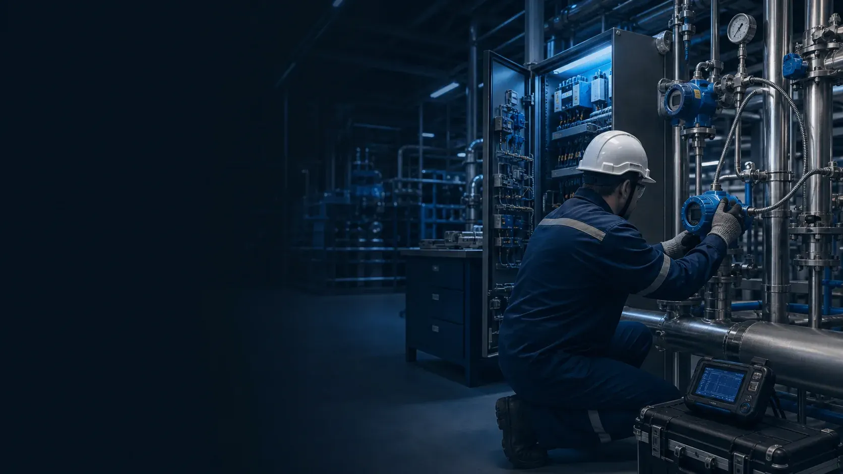 Especialista inspeccionando instrumentación industrial en una planta de procesos